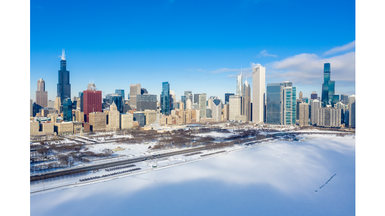 Aerial View of Chicago Skyline and Grant Park During Polar Vortex