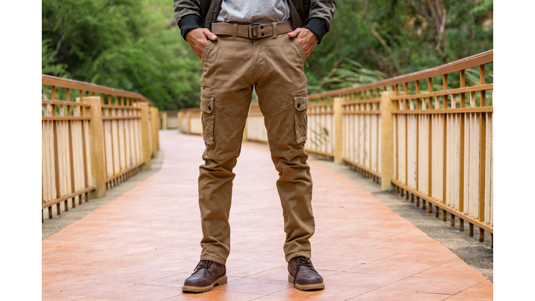 Model wearing cargo pants or cargo trousers