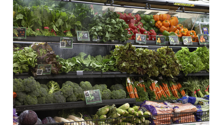 Produce aisle in supermarket, close-up