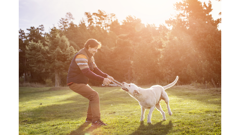 Man playing tug of war with dog in park