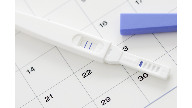 Pregnancy test showing positive result and calendar