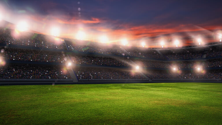 Soccer Stadium, Green Grass And Night Sky. 3D Renering