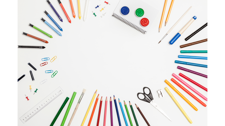 Directly Above View Of School Supplies On White Background