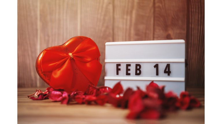 Valentine's Day 14 February Date in Lightbox with Heart Shaped Gift Box