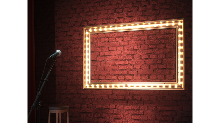 Dark empty stage with microphone. 3d render