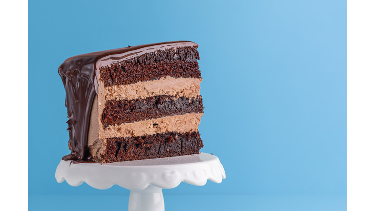 Close-Up Of Chocolate Cake Against Blue Background