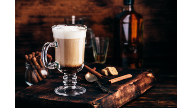 Irish coffee in drinking glass