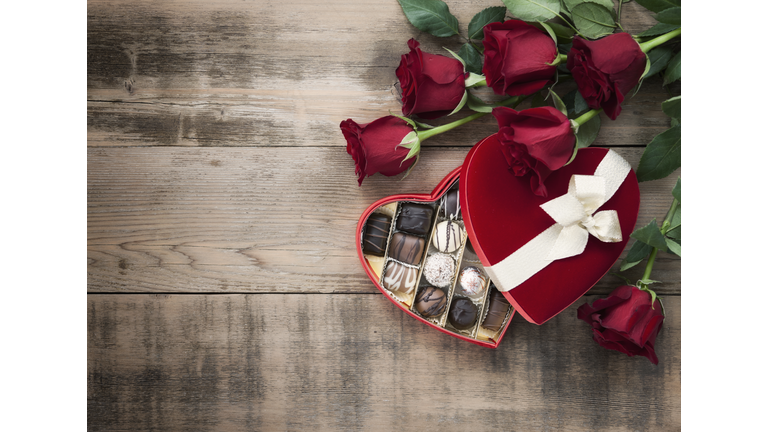 Valentine's Day Box of Chocolates and Red Roses