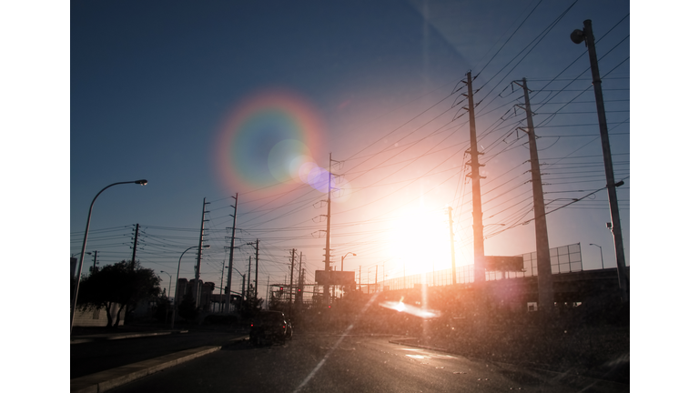 View from windscreen on the road at sunset, Las Vegas, Nevada