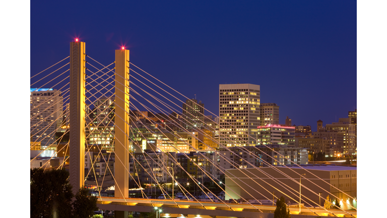 Nighttime skyline bridge view on Tacoma, Washington