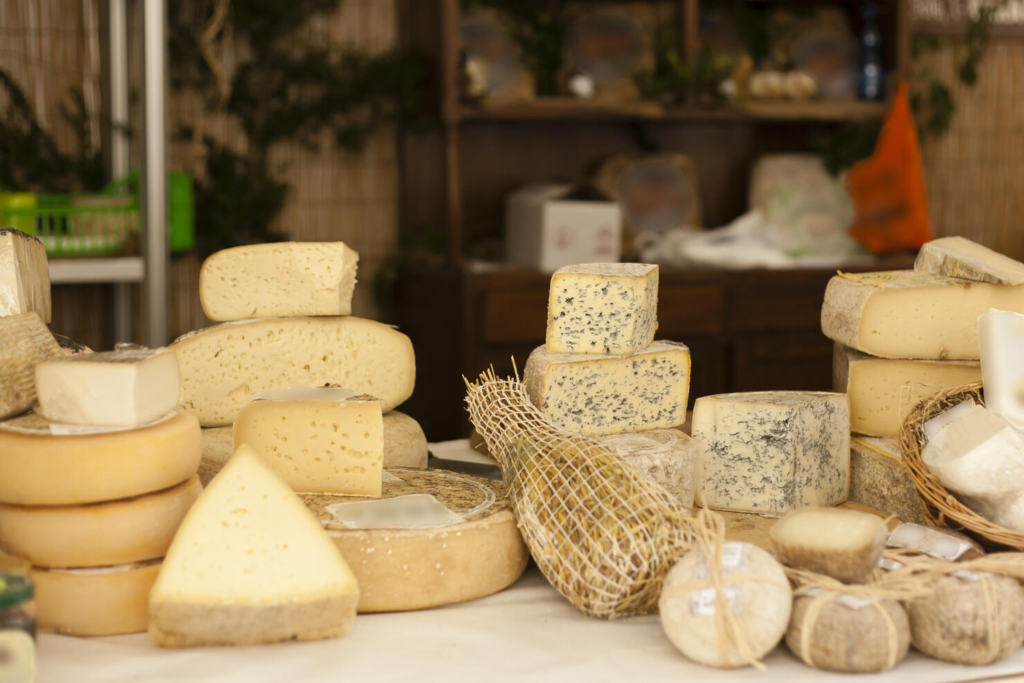 Cheese exposed on a market stall