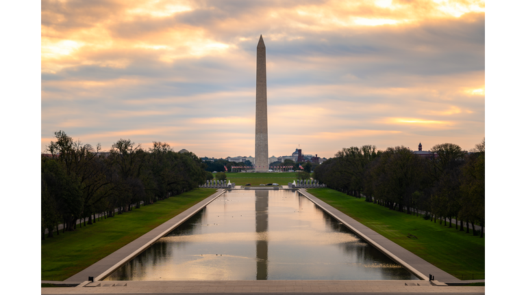 Washington Monument on the Reflecting Pool in Washington, DC, USA at dawn.