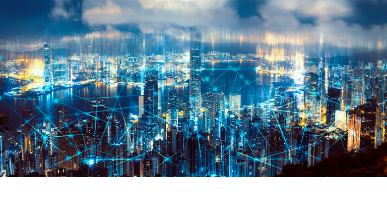 Aerial View of City Network. Technology smart city with network communication internet of thing.