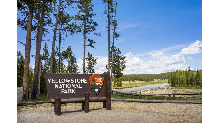 Sign for Yellowstone National Park at the South Entrance, Wyoming