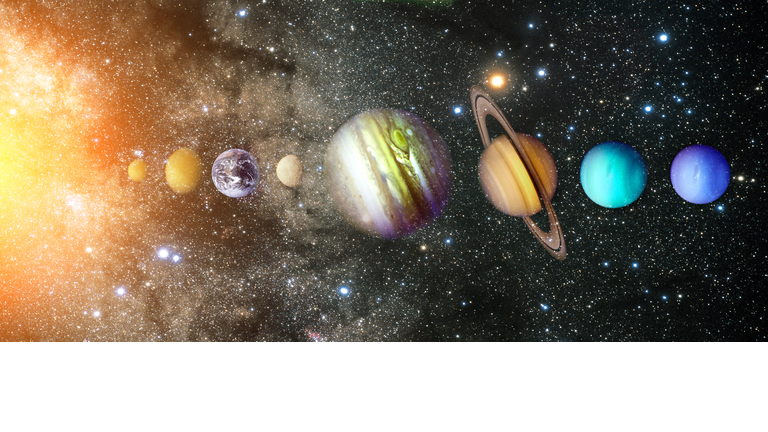 Planets of the solar system. Sun, Mercury, Venus, Earth, Mars, Jupiter, Saturn, Uranus, Neptune