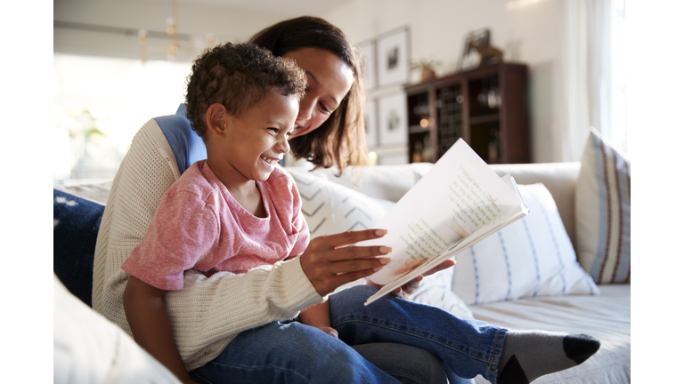 Close up of young mother sitting on a sofa in the living room reading a book with her toddler son, who is sitting on her knee, side view