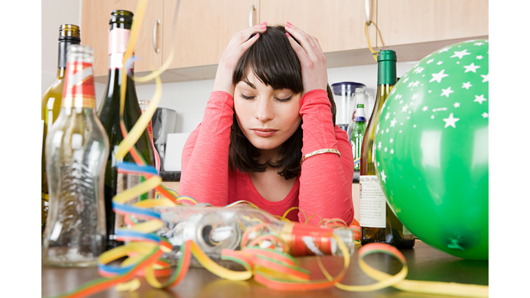 Woman with a hangover after a party