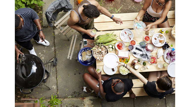 High angle view of friends eating at backyard barbecue