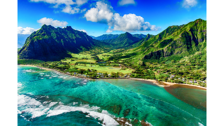 Aerial View of Kualoa area of Oahu Hawaii