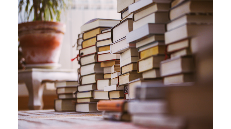 Piles of books stacked on a carpet