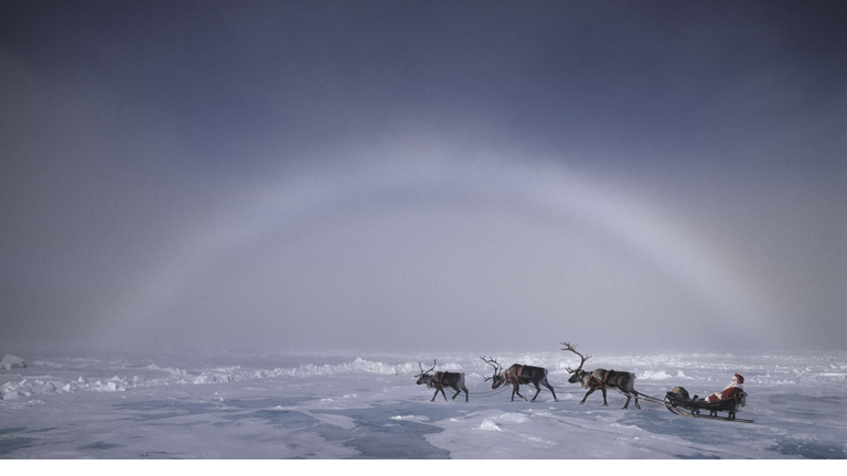 Santa with three reindeer to The North Pole