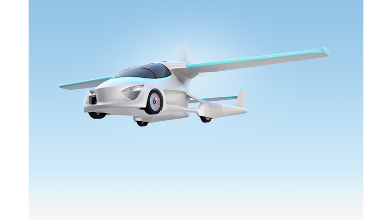 Futuristic autonomous car flying in the sky