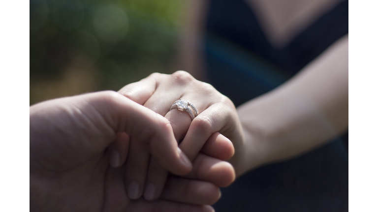 Close Up Holding Hands with Engagement Ring