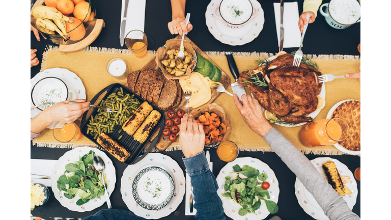 Overhead view of table during Christmas dinner