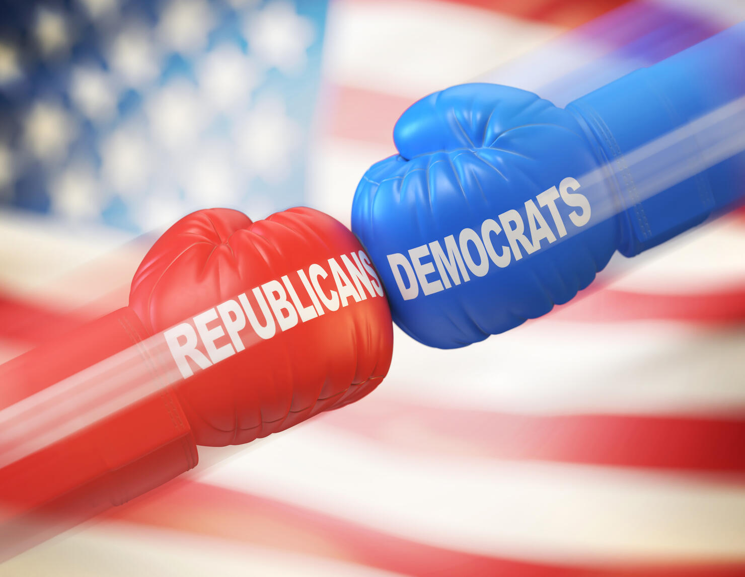 Democrats vs. Republicans. Two boxing gloves against each other in colors of Democratic and Republican party
