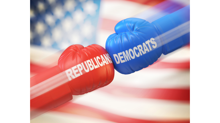 Democrats vs. Republicans. Two boxing gloves against each other in colors of Democratic and Republican party