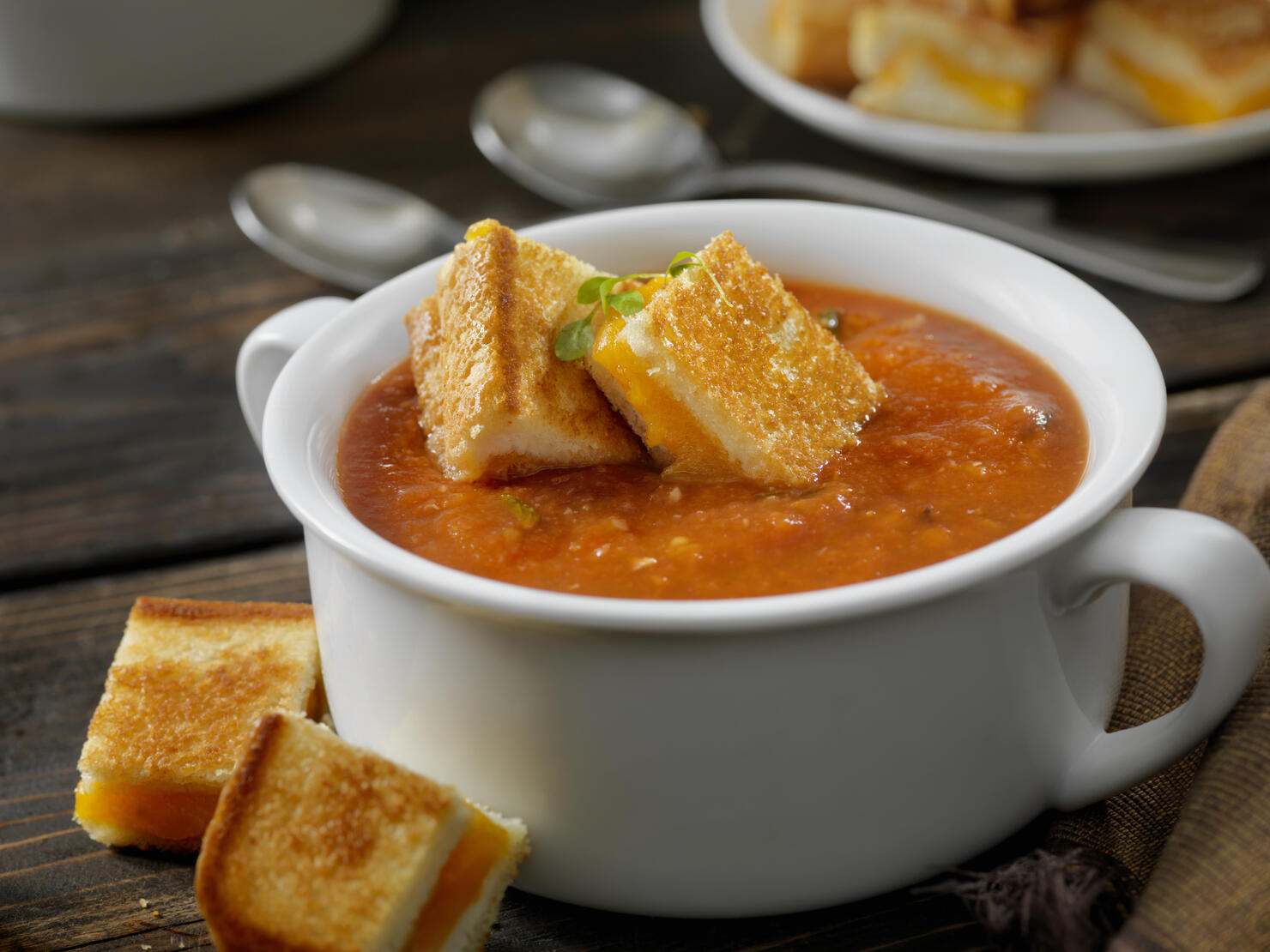 Roasted Tomato, Garlic and Basil Soup with Grilled Cheese Croutons