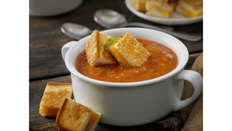 Roasted Tomato, Garlic and Basil Soup with Grilled Cheese Croutons