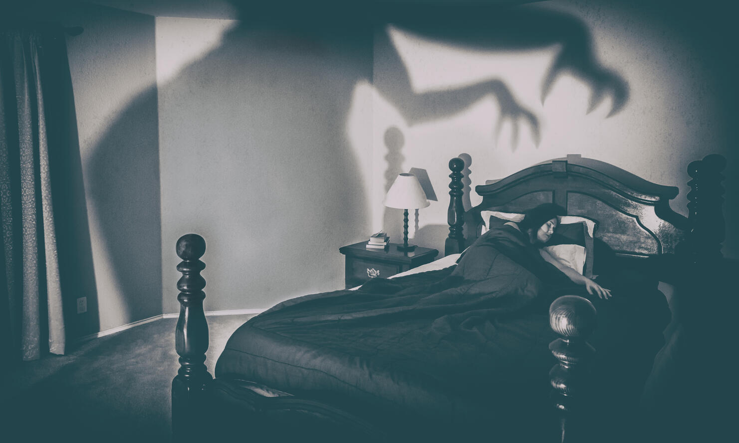 High Angle View Of Woman Sleeping On Bed With Spooky Shadow On Wall At Home