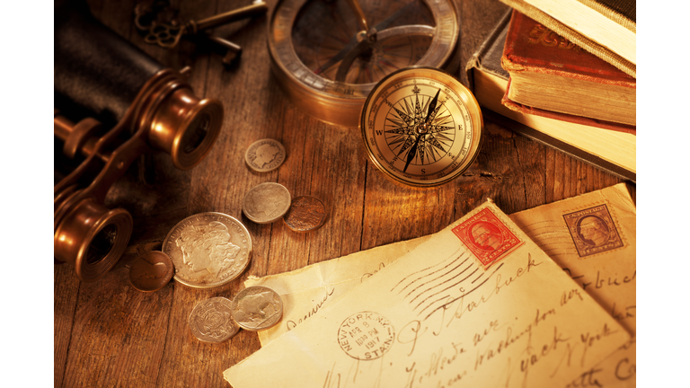 Antique objects on a Old Wooden Desk