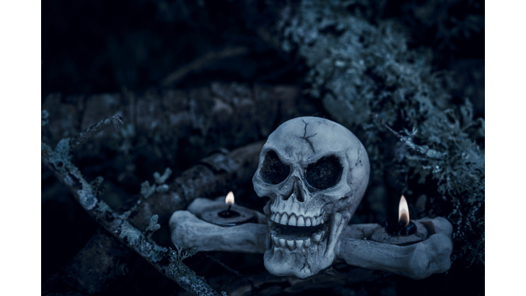 Close-Up Of Human Skull With Illuminated Candles During Halloween