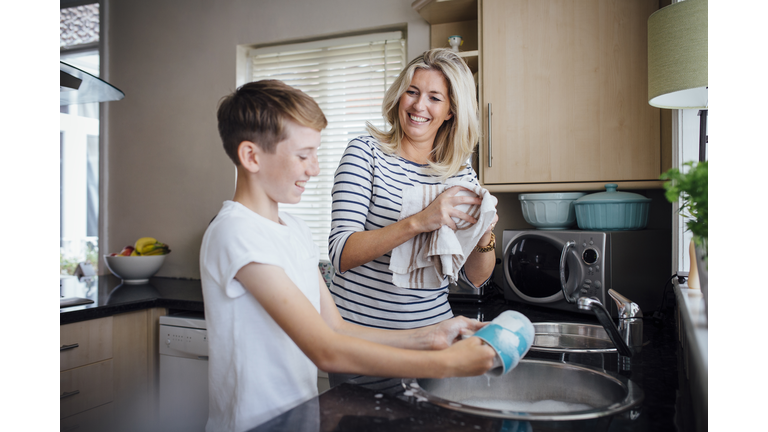 Mother and Son Doing the Dishes