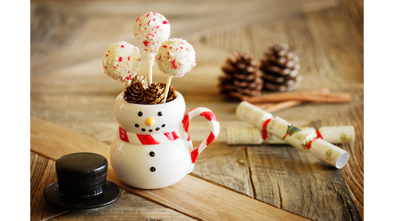 Peppermint Cake Pops in Snowman Mug