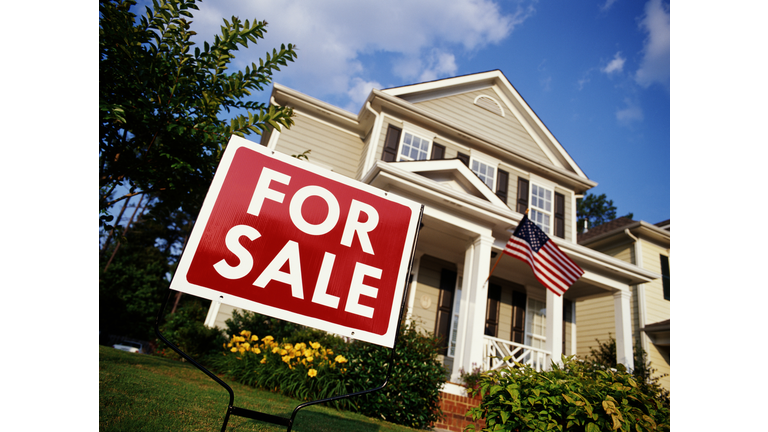 House with American flag and 'for sale' sign, low angle view