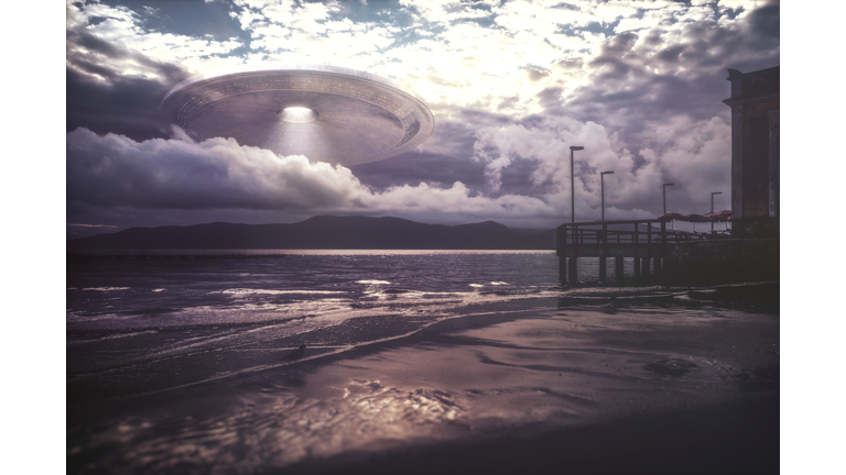 Alien space ship through the clouds, illustration