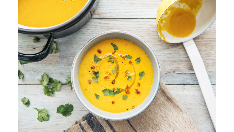 Squash soup with cilantro and chili