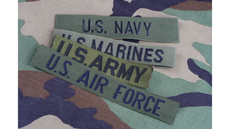 US MILITARY concept with branch tapes on woodland camouflage uniform