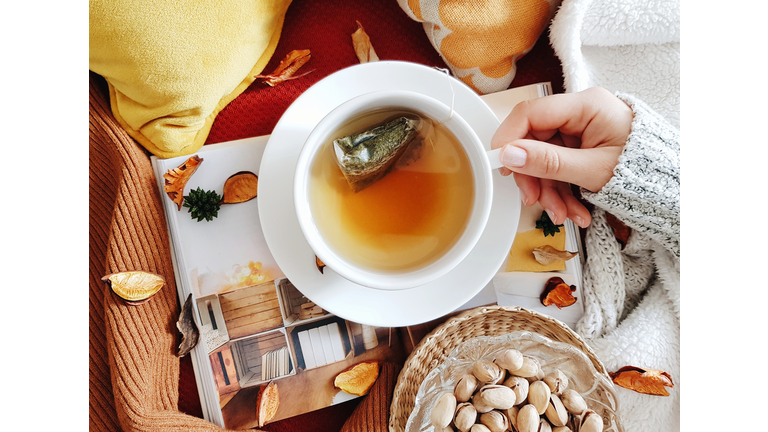 Directly Above Shot Of Woman Holding Tea Cup