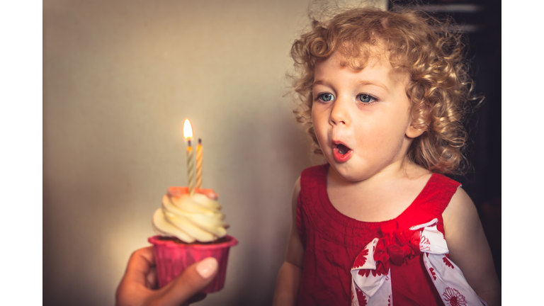 Cute child blowing candles on birthday cake