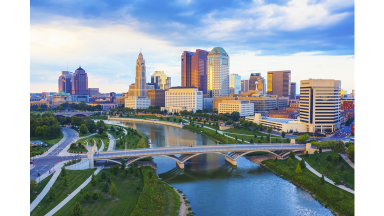 Aerial view of Downtown Columbus Ohio with Scioto river