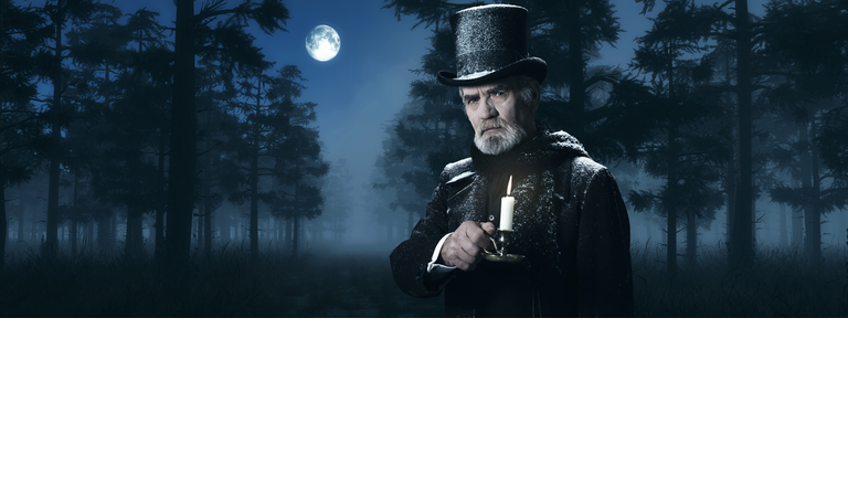 Dickens Scrooge Man with Candlestick in Foggy Winter Forest.