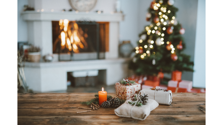 Beautifully Christmas Decorated Home  Interior With A Christmas Tree And Christmas Presents