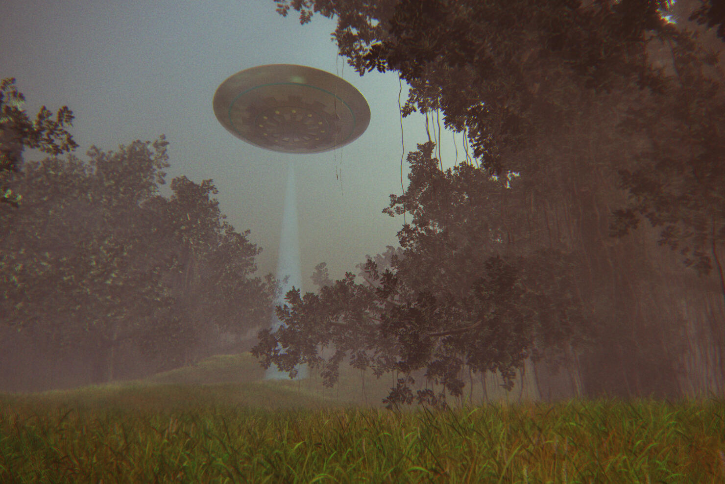 UFO flying over forest at night