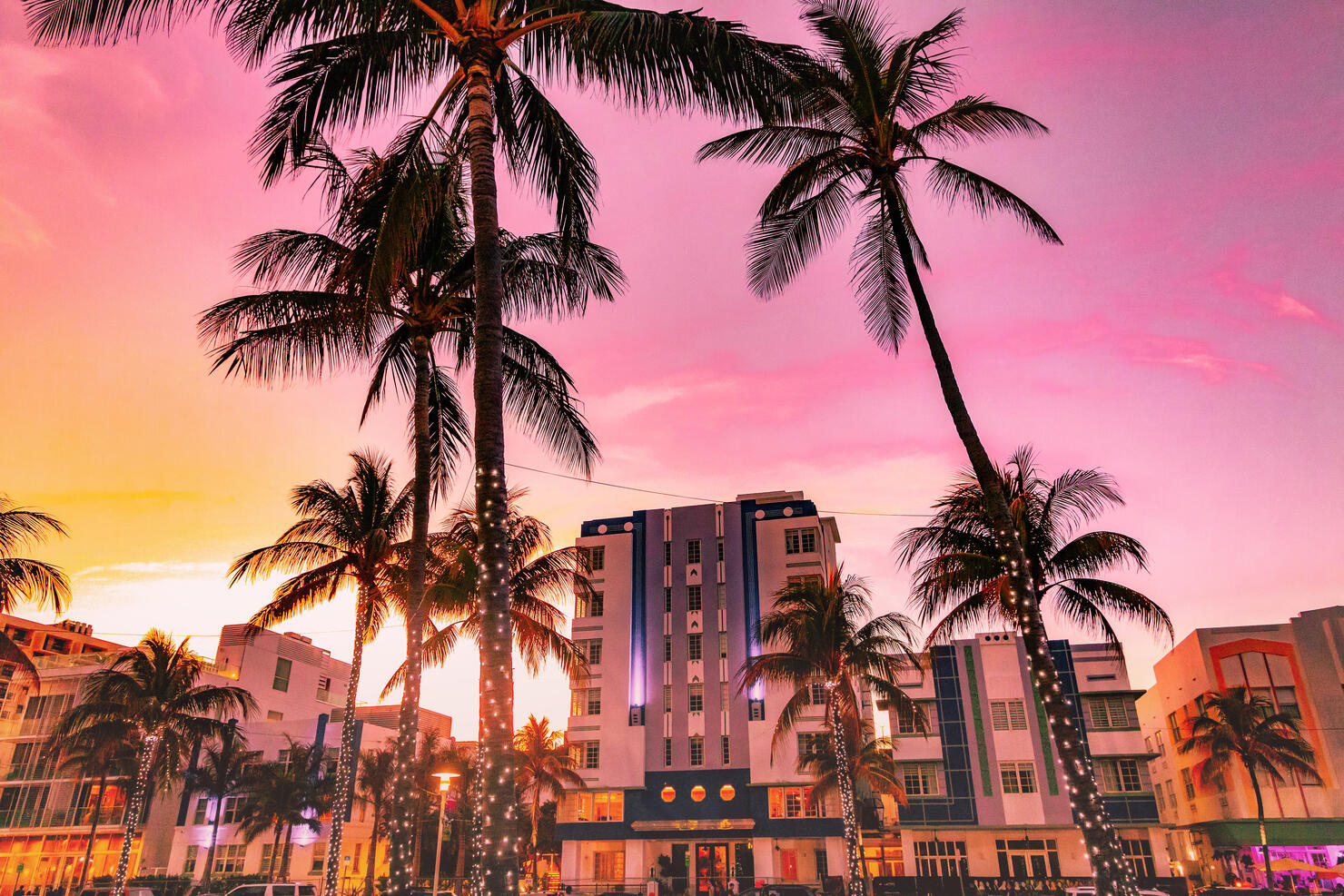 The waterfront of the famous Ocean Driver Art Deco district of Miami Beach with stunning sunset.