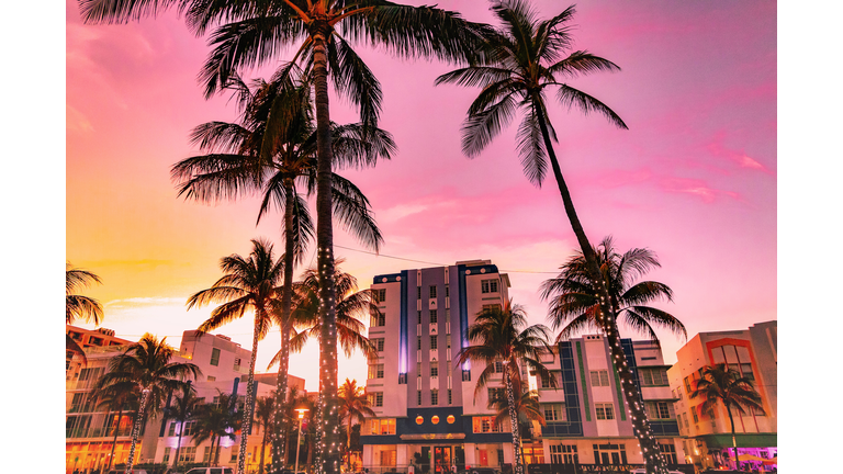 The waterfront of the famous Ocean Driver Art Deco district of Miami Beach with stunning sunset.