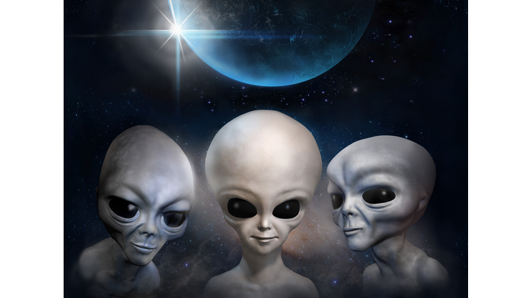 Three different grey aliens on the background of cosmic sky and earth planet. 3D illustration. Wallpaper.